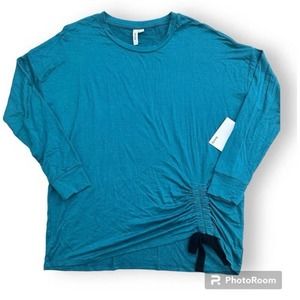 Kensie French Terry Ruched Tie Waist Top Size Large Blue Green NWT